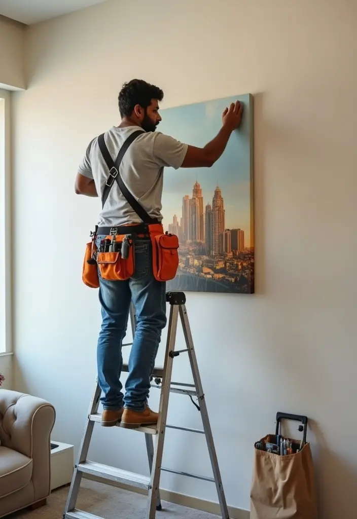 Two handymen hanging a picture frame on a wall using a drill and level for precise alignment.