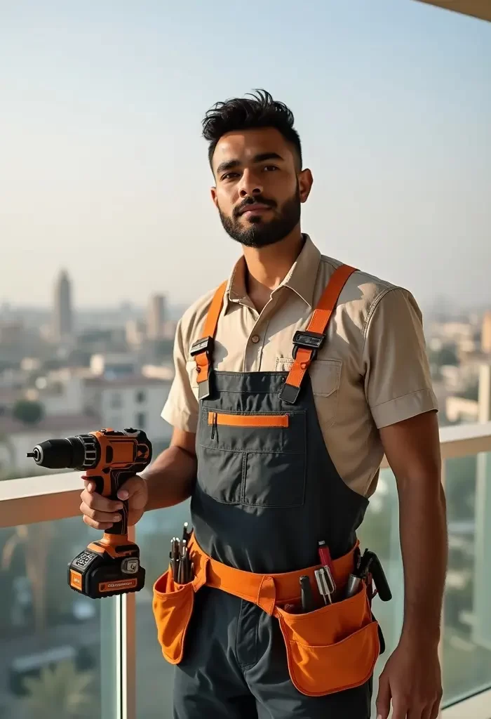 Handyman standing in front of a window with a view of Dubai buildings, holding a drill machine and tools.