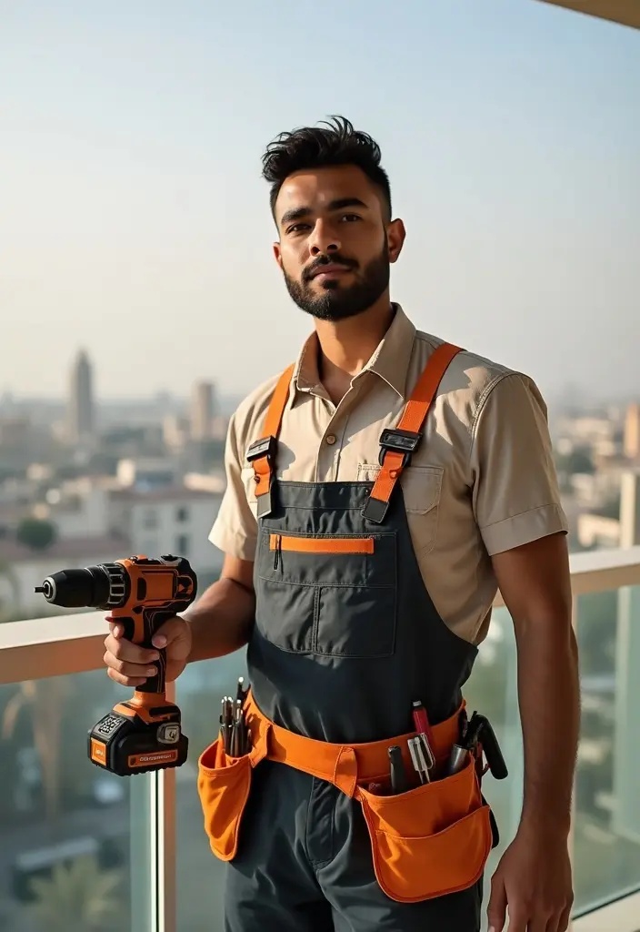 Handyman standing in front of a window with a view of Dubai buildings, holding a drill machine and tools.